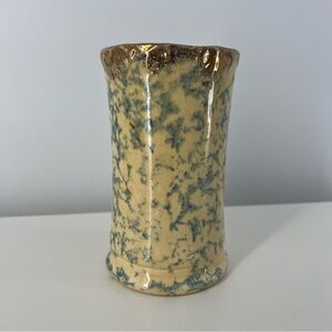 Vintage Small Blue Yellow Spongeware Stoneware Pitcher Vase Ceramic Piece